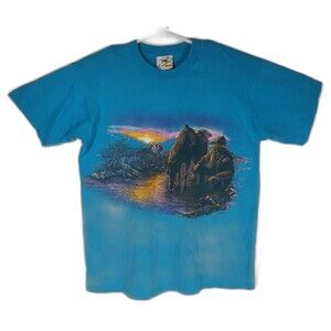 VTG Buffalo FOTL “Cowboys Sunset" Single Stitch Teal T-Shirt Men's Size L 1993